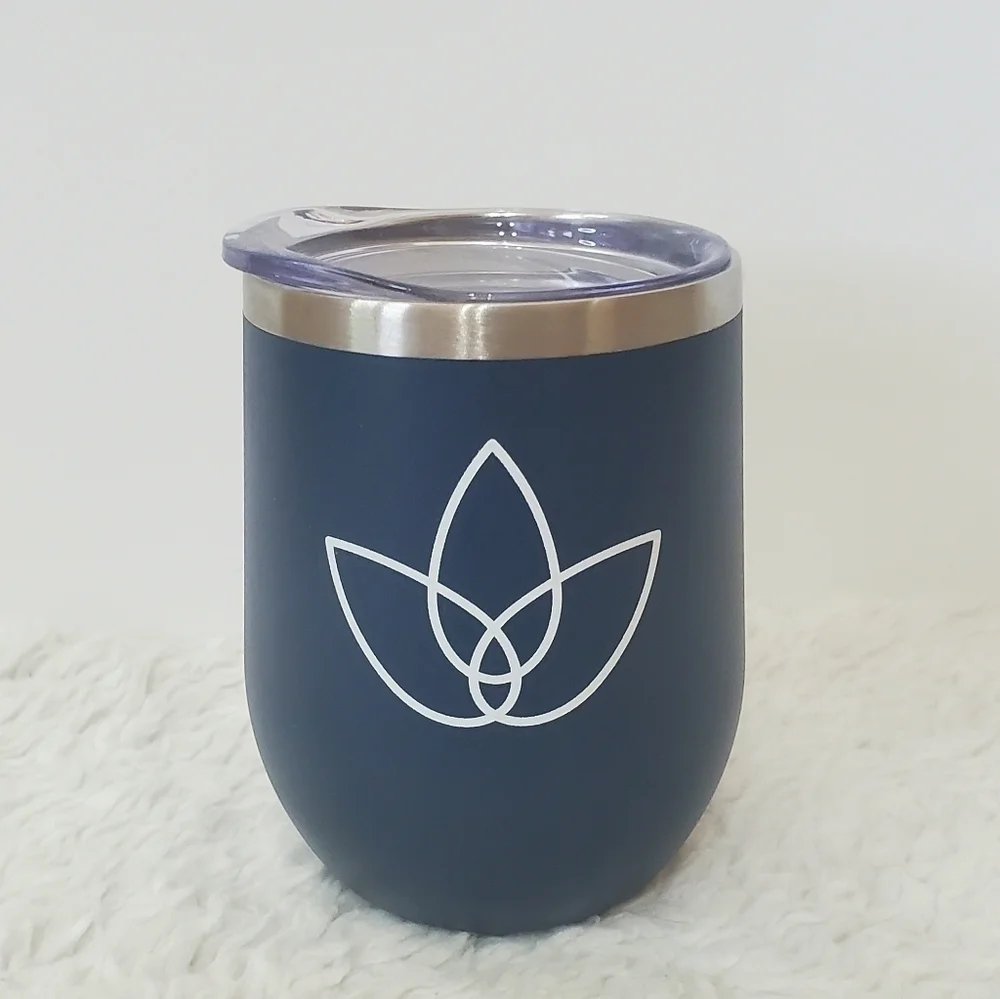 Navy Blue Silver Stainless Steel Stemless Wine Tumbler 12 Oz